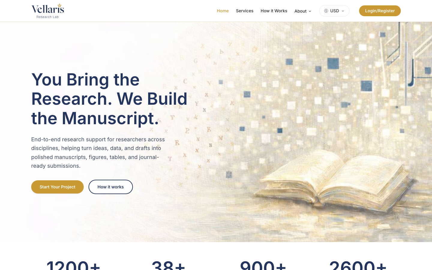الصفحة الرئيسية — دعم بحثي متكامل من الأفكار والبيانات إلى مخطوطات وأشكال وجداول جاهزة للمجلات.