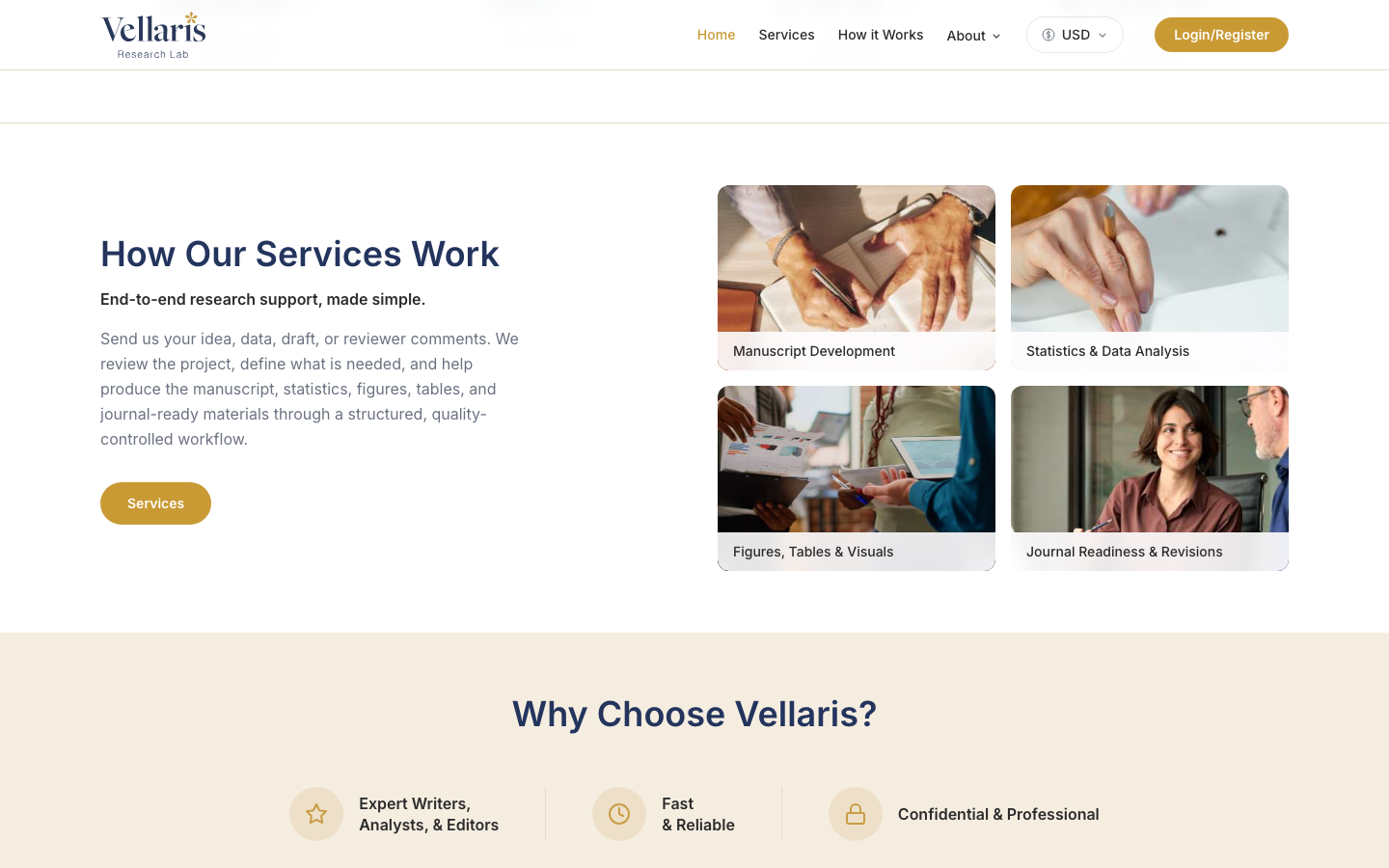 كيف تعمل الخدمات — تطوير المخطوطات والإحصاء والمرئيات والجاهزية للمجلات عبر سير عمل منظم.