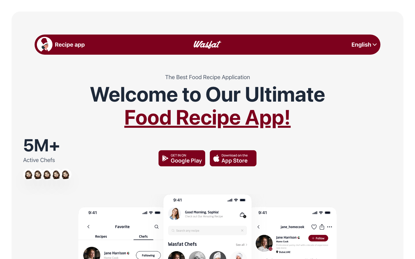 wasfat.com — الصفحة الرئيسية مع نماذج التطبيق، شارة 5M+ طباخ نشط، وروابط التحميل من App Store وGoogle Play.